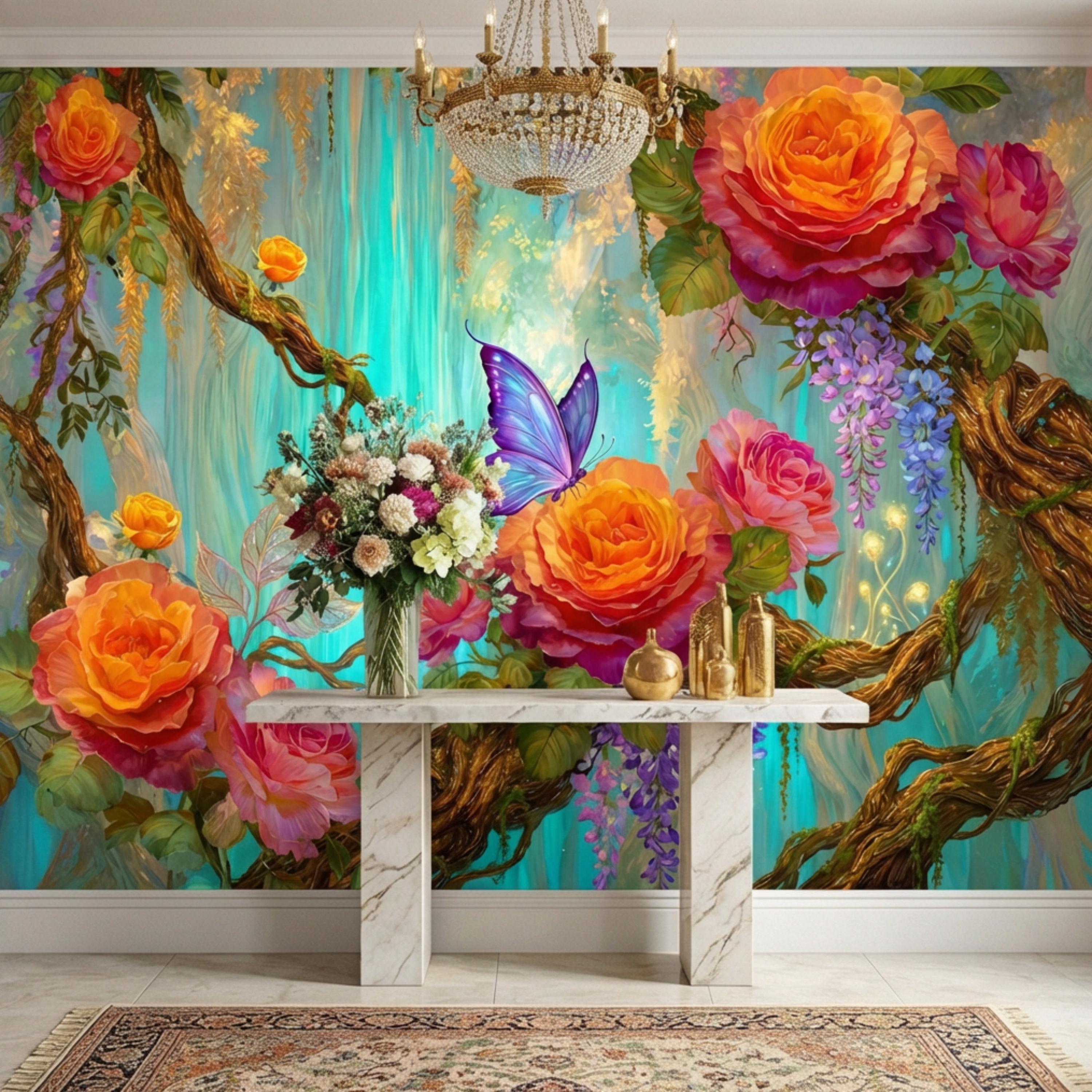 Enchanted Forest Garden Roses & Wisteria Peel and Stick Wall Mural, Teal Glow Floral Wallpaper, Blue Butterfly Botanical Wall Decor