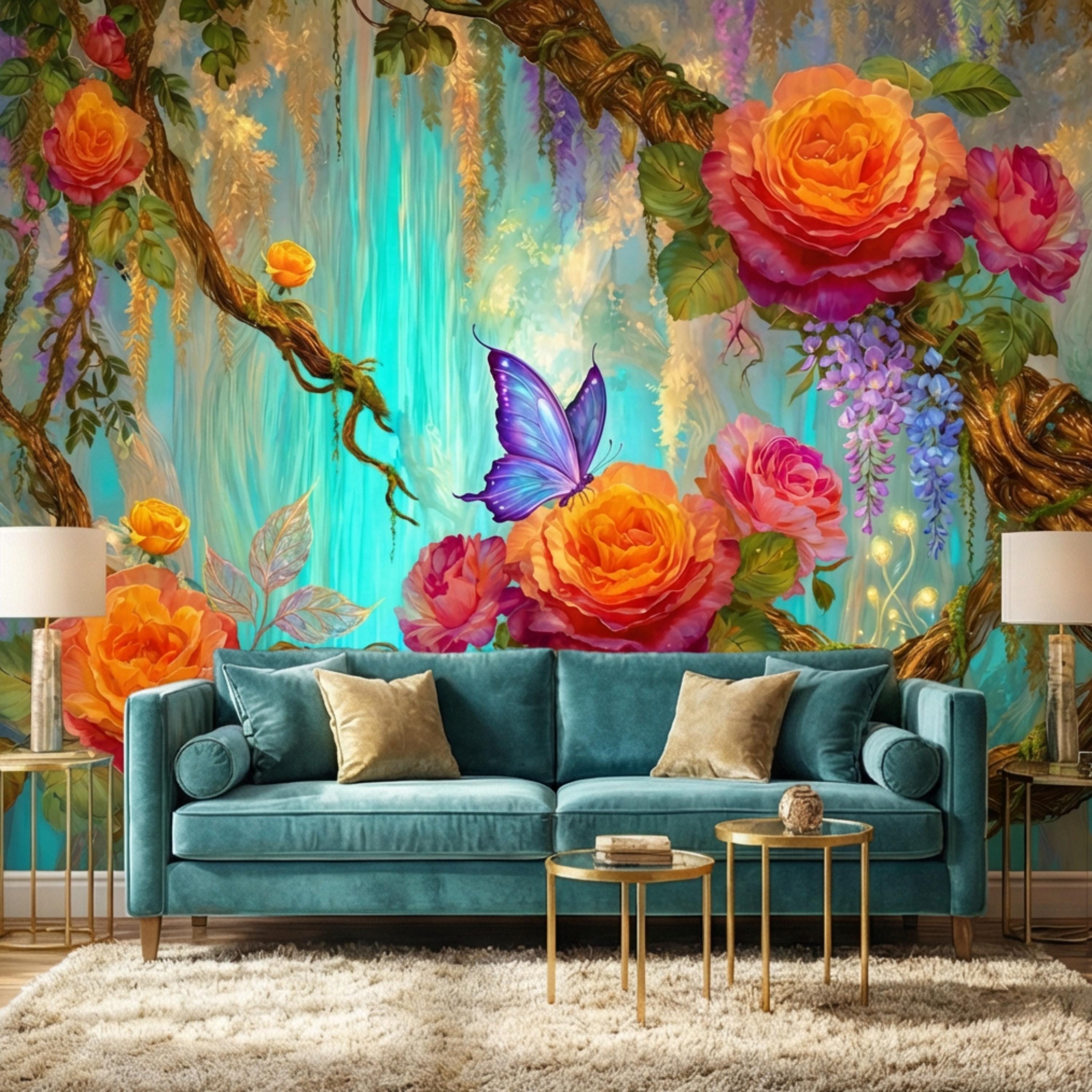 Enchanted Forest Garden Roses & Wisteria Peel and Stick Wall Mural, Teal Glow Floral Wallpaper, Blue Butterfly Botanical Wall Decor