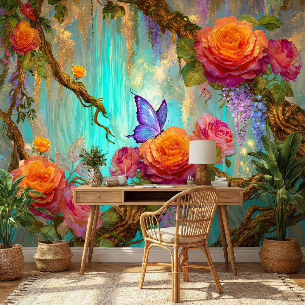 Enchanted Forest Garden Roses & Wisteria Peel and Stick Wall Mural, Teal Glow Floral Wallpaper, Blue Butterfly Botanical Wall Decor