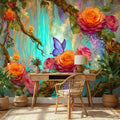 Enchanted Forest Garden Roses & Wisteria Peel and Stick Wall Mural, Teal Glow Floral Wallpaper, Blue Butterfly Botanical Wall Decor