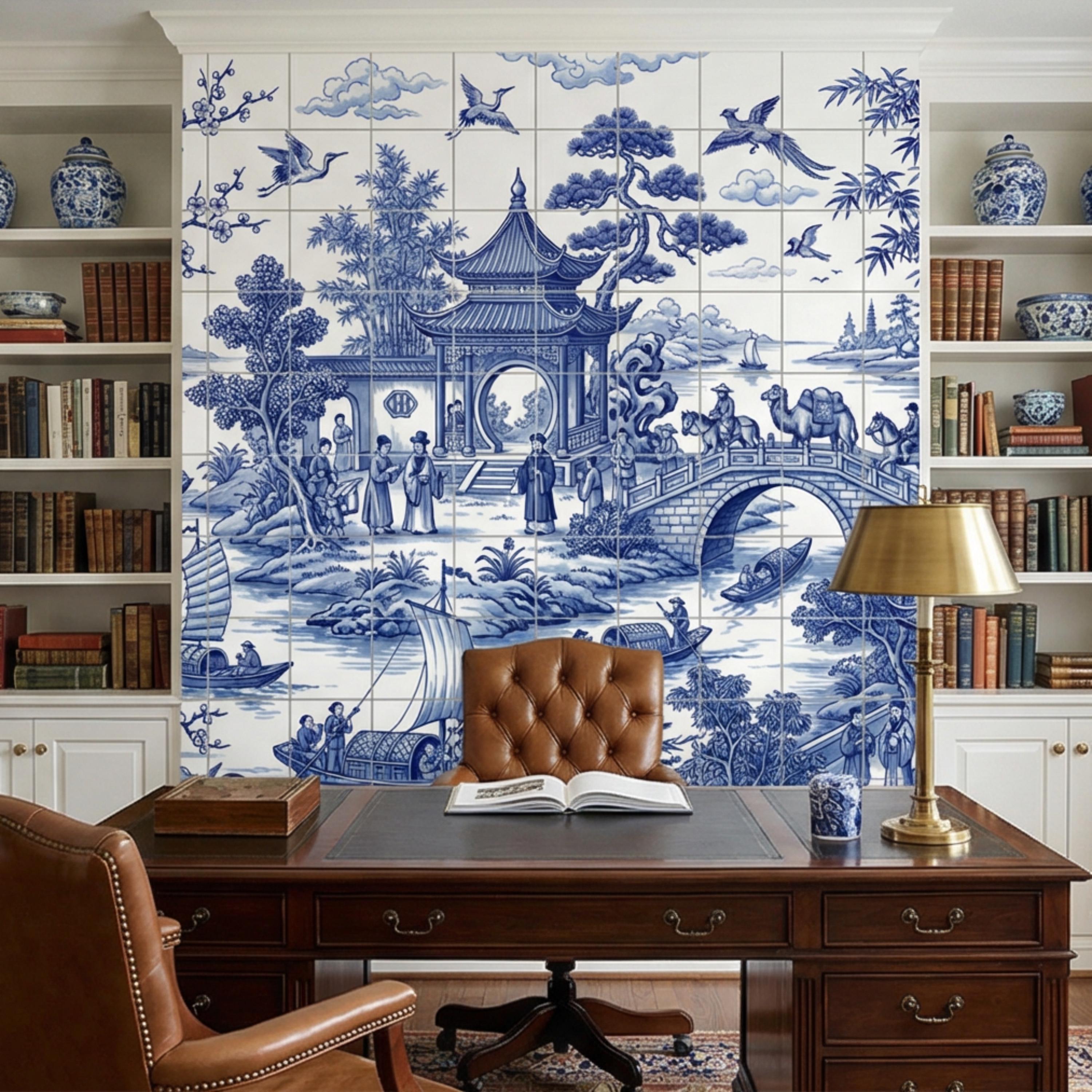 Blue & White Chinoiserie Toile Peel and Stick Wall Mural, Pagoda River Landscape with Boats, Bamboo Cranes Wallpaper