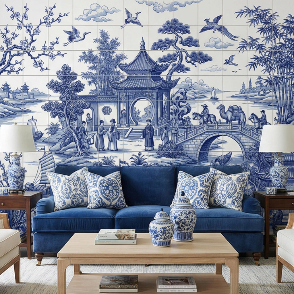 Blue & White Chinoiserie Toile Peel and Stick Wall Mural, Pagoda River Landscape with Boats, Bamboo Cranes Wallpaper