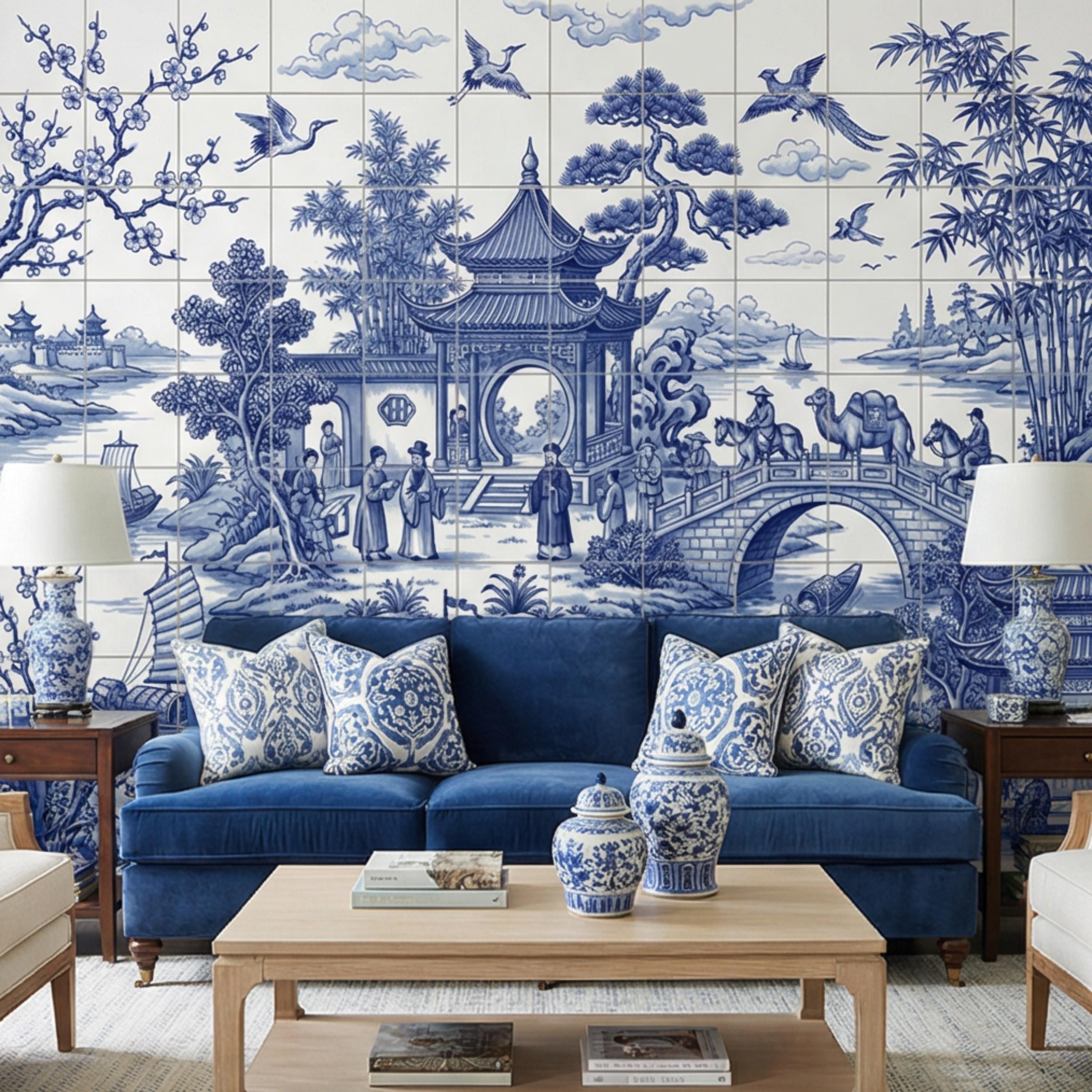 Blue & White Chinoiserie Toile Peel and Stick Wall Mural, Pagoda River Landscape with Boats, Bamboo Cranes Wallpaper
