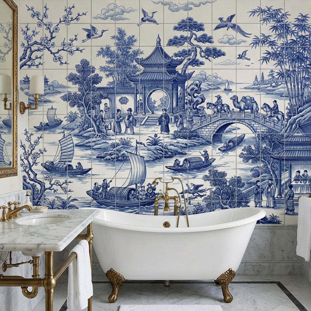 Blue & White Chinoiserie Toile Peel and Stick Wall Mural, Pagoda River Landscape with Boats, Bamboo Cranes Wallpaper