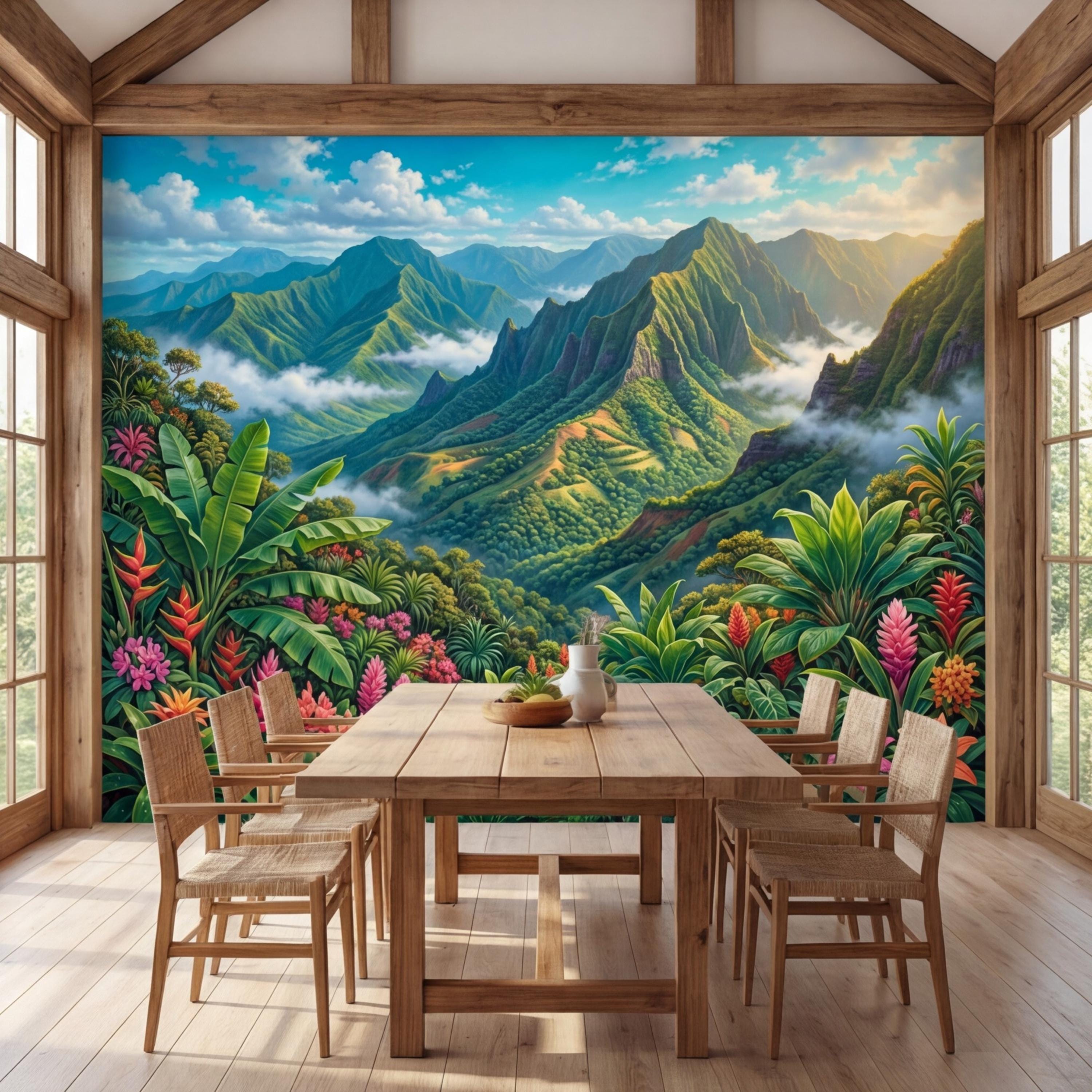 Tropical Mountain Jungle Peel and Stick Wall Mural, Lush Rainforest Landscape, Colorful Exotic Flowers Nature Wallpaper