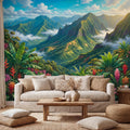 Tropical Mountain Jungle Peel and Stick Wall Mural, Lush Rainforest Landscape, Colorful Exotic Flowers Nature Wallpaper
