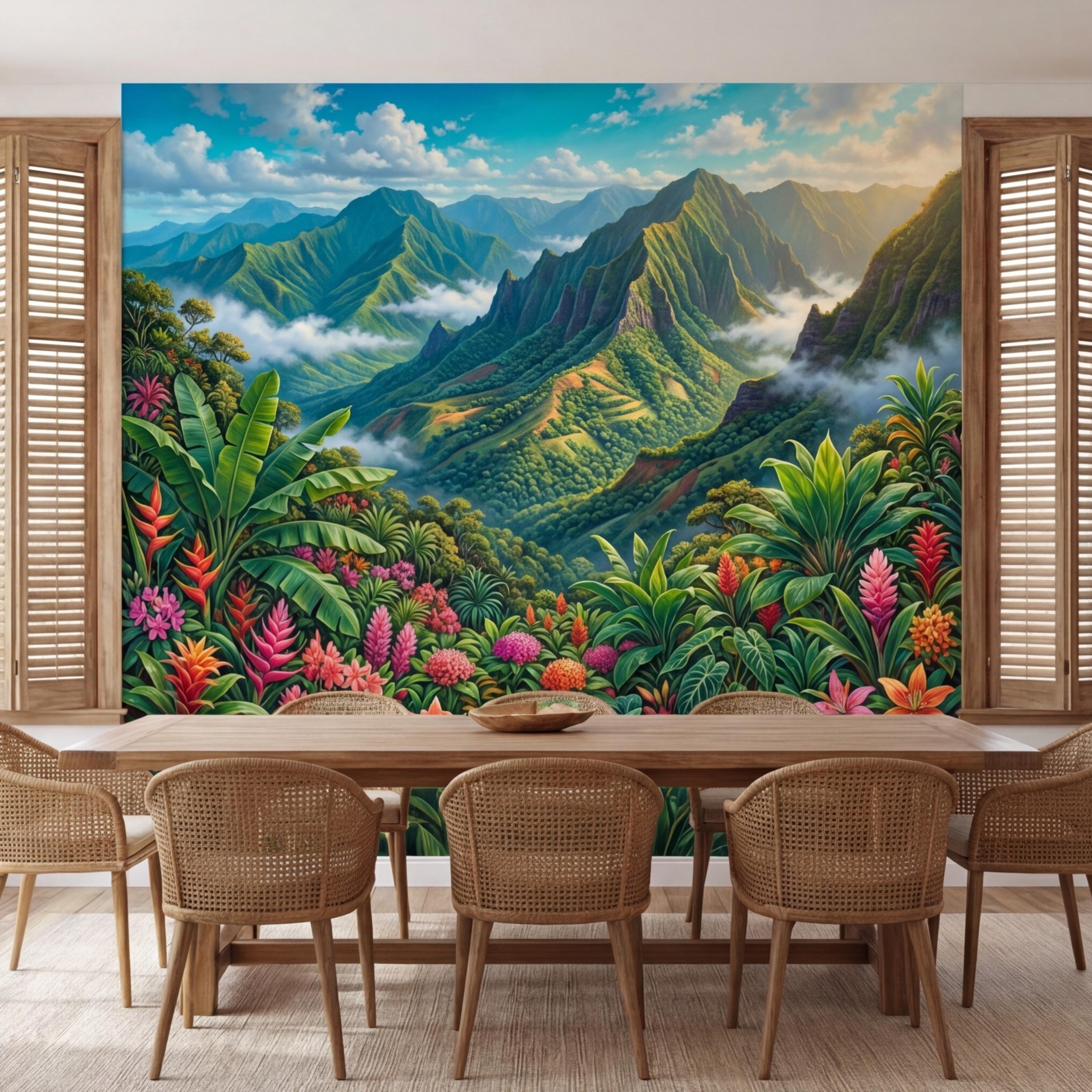Tropical Mountain Jungle Peel and Stick Wall Mural, Lush Rainforest Landscape, Colorful Exotic Flowers Nature Wallpaper