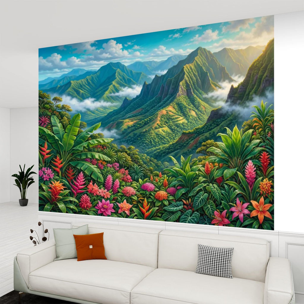 Tropical Mountain Jungle Peel and Stick Wall Mural, Lush Rainforest Landscape, Colorful Exotic Flowers Nature Wallpaper