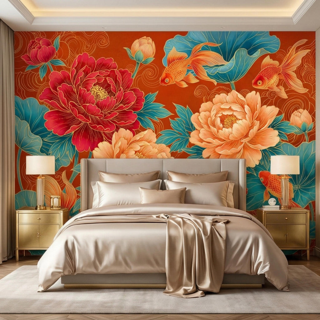Chinoiserie Koi Goldfish & Peonies Peel and Stick Wall Mural, Teal Lotus Leaves Red Orange Asian Floral Wallpaper