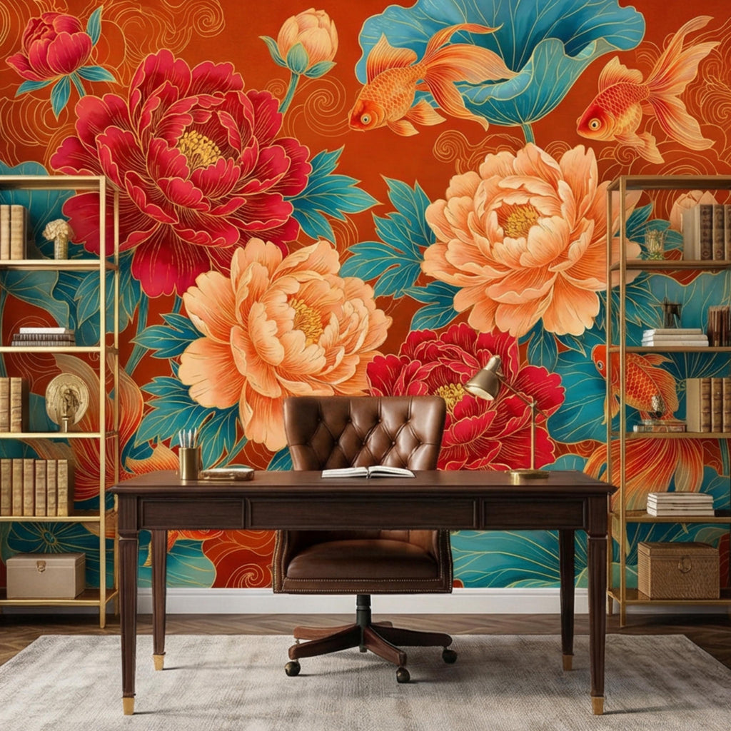Chinoiserie Koi Goldfish & Peonies Peel and Stick Wall Mural, Teal Lotus Leaves Red Orange Asian Floral Wallpaper