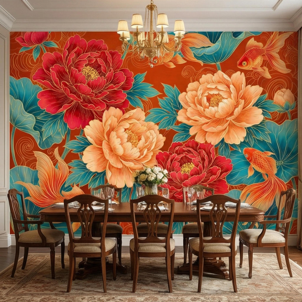 Chinoiserie Koi Goldfish & Peonies Peel and Stick Wall Mural, Teal Lotus Leaves Red Orange Asian Floral Wallpaper