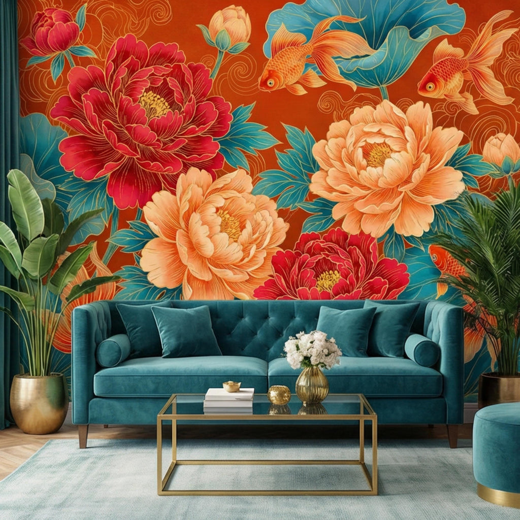 Chinoiserie Koi Goldfish & Peonies Peel and Stick Wall Mural, Teal Lotus Leaves Red Orange Asian Floral Wallpaper
