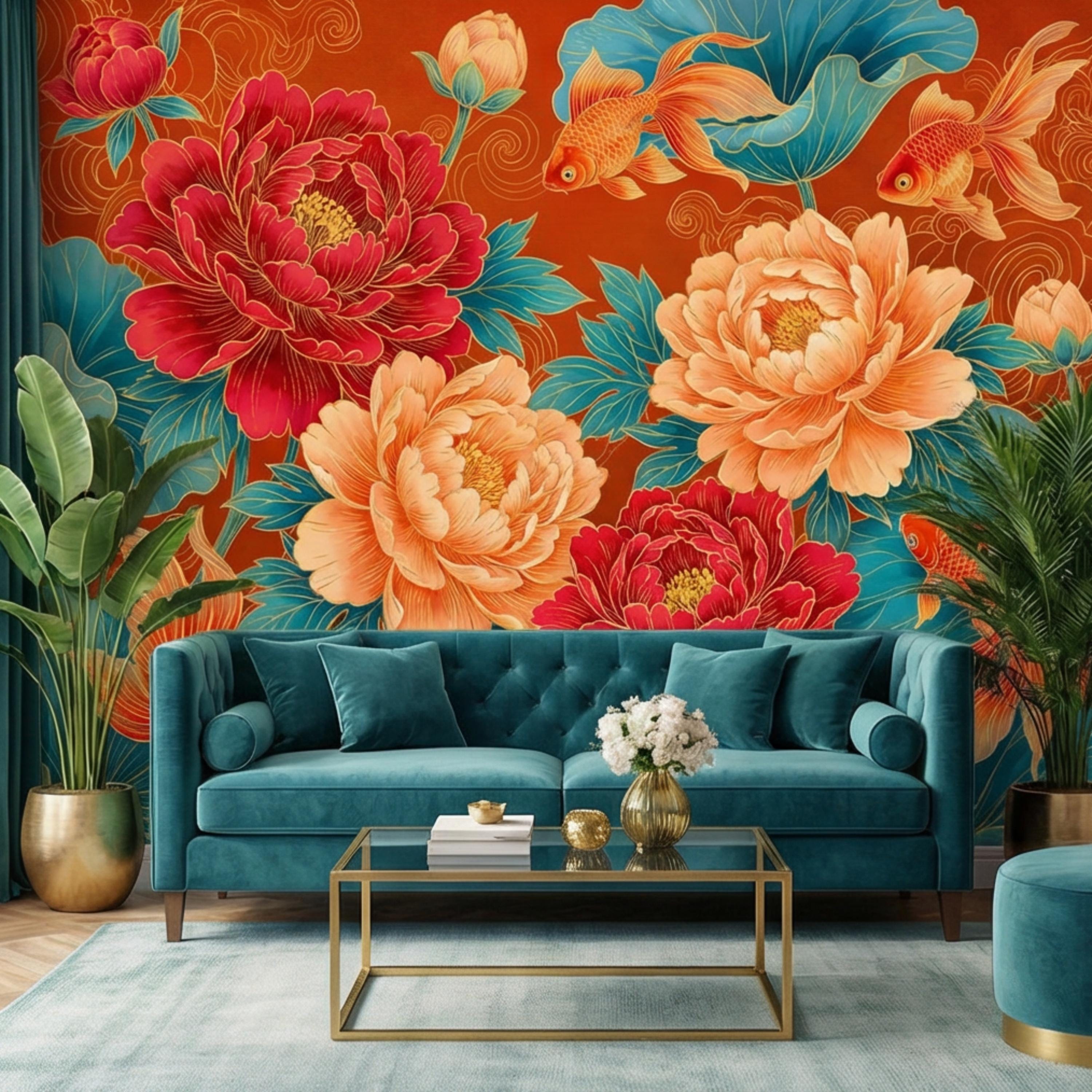 Chinoiserie Koi Goldfish & Peonies Peel and Stick Wall Mural, Teal Lotus Leaves Red Orange Asian Floral Wallpaper