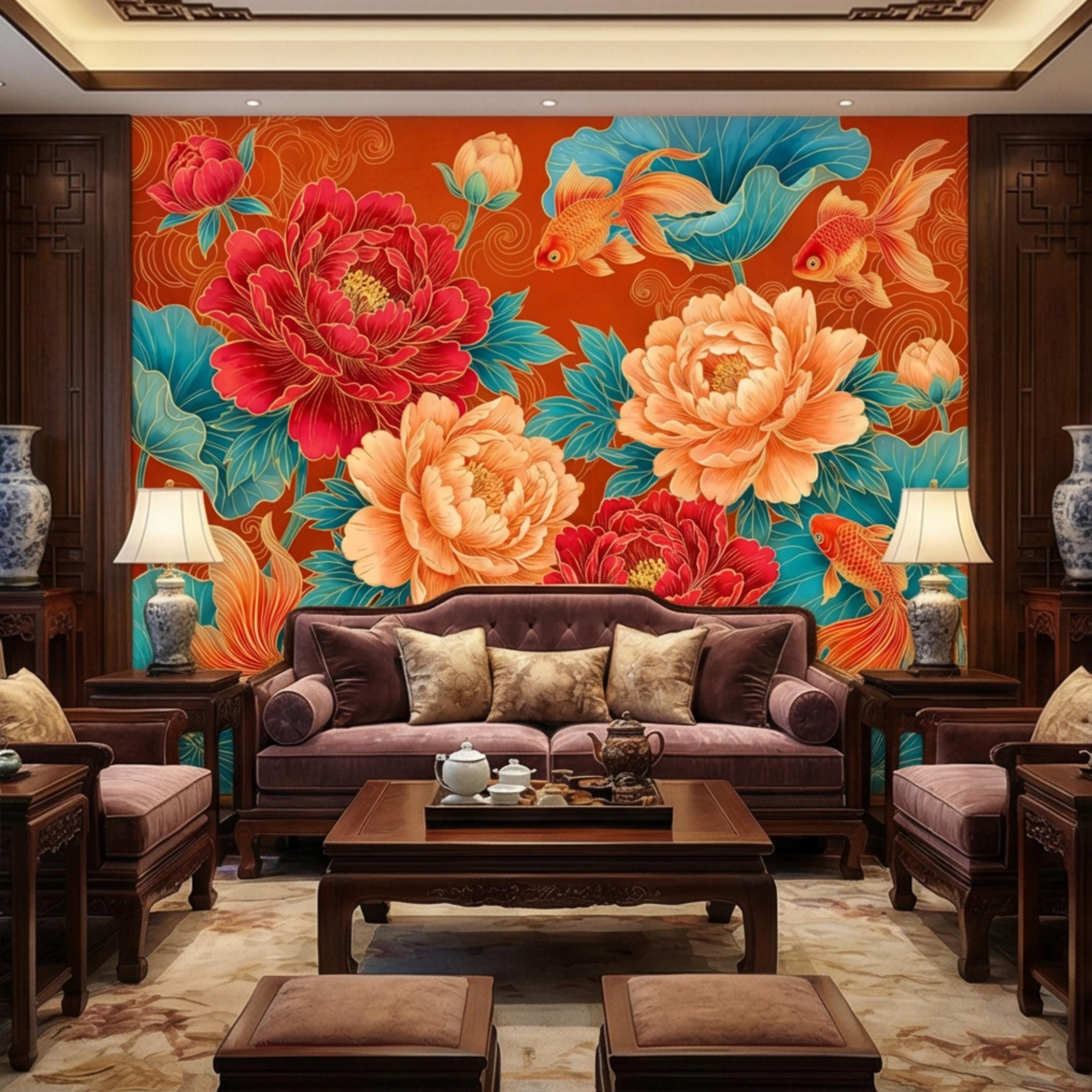 Chinoiserie Koi Goldfish & Peonies Peel and Stick Wall Mural, Teal Lotus Leaves Red Orange Asian Floral Wallpaper