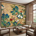 Vintage Asian Chinoiserie Cranes & Peonies Peel and Stick Wall Mural, Bamboo Garden Landscape, Antique Style Floral Wallpaper
