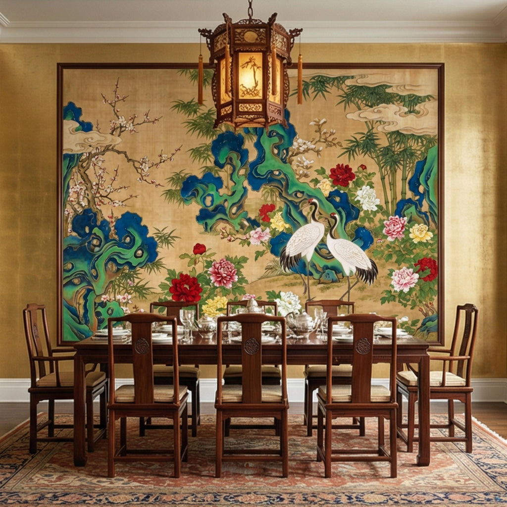 Vintage Asian Chinoiserie Cranes & Peonies Peel and Stick Wall Mural, Bamboo Garden Landscape, Antique Style Floral Wallpaper