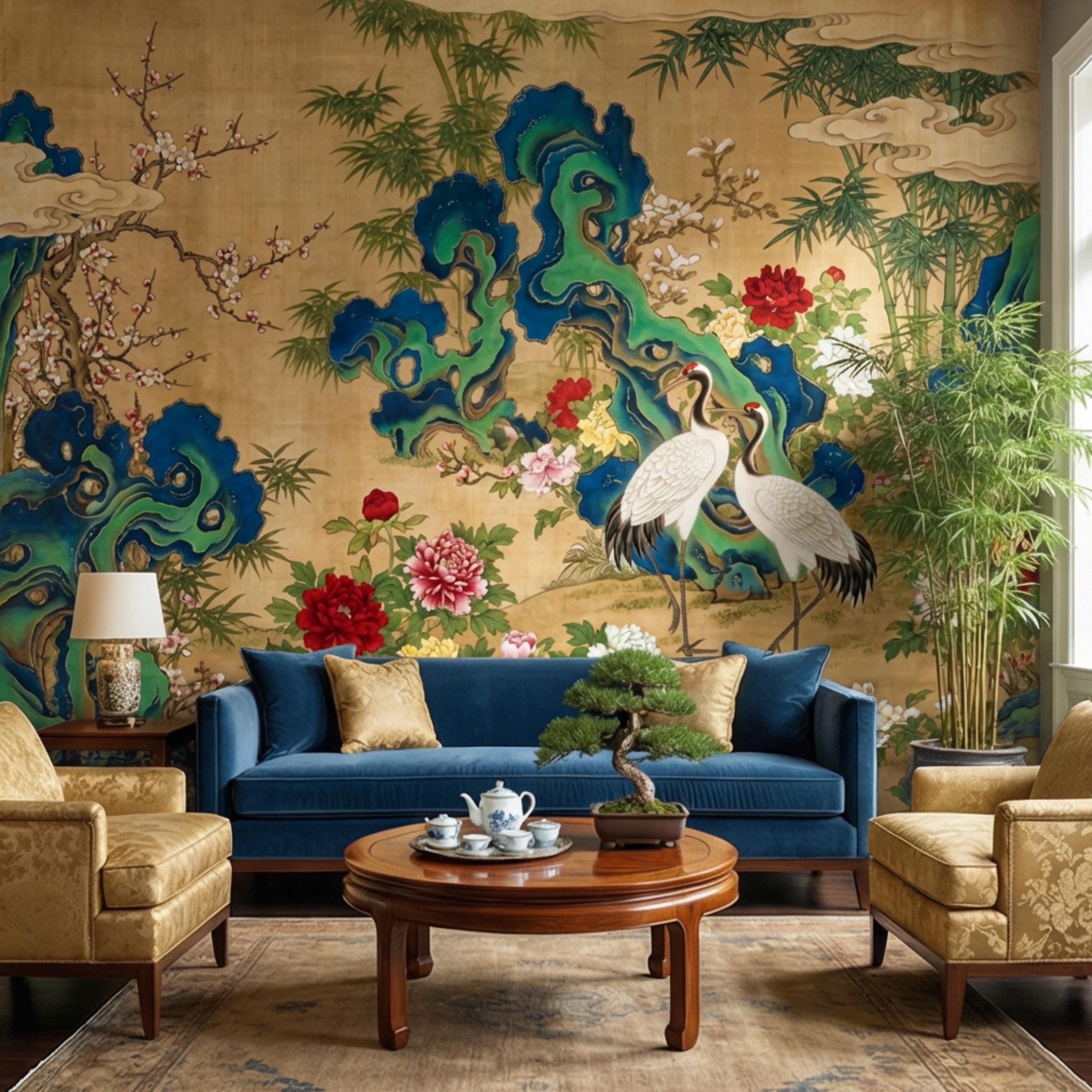 Vintage Asian Chinoiserie Cranes & Peonies Peel and Stick Wall Mural, Bamboo Garden Landscape, Antique Style Floral Wallpaper