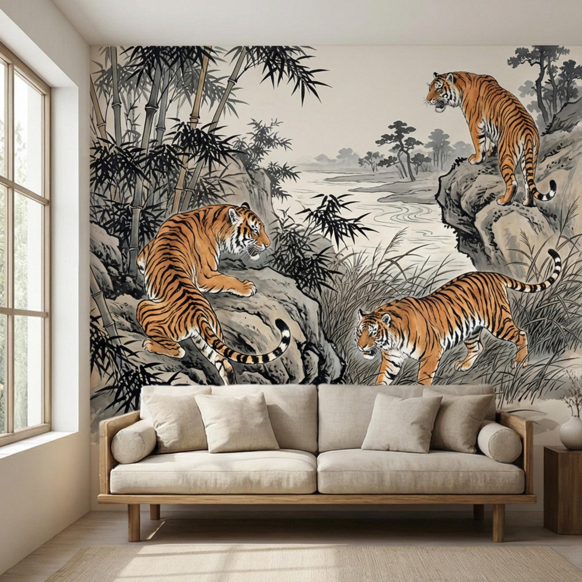 Ink-wash tiger and bamboo wall mural with pond swirls and orange-striped cats