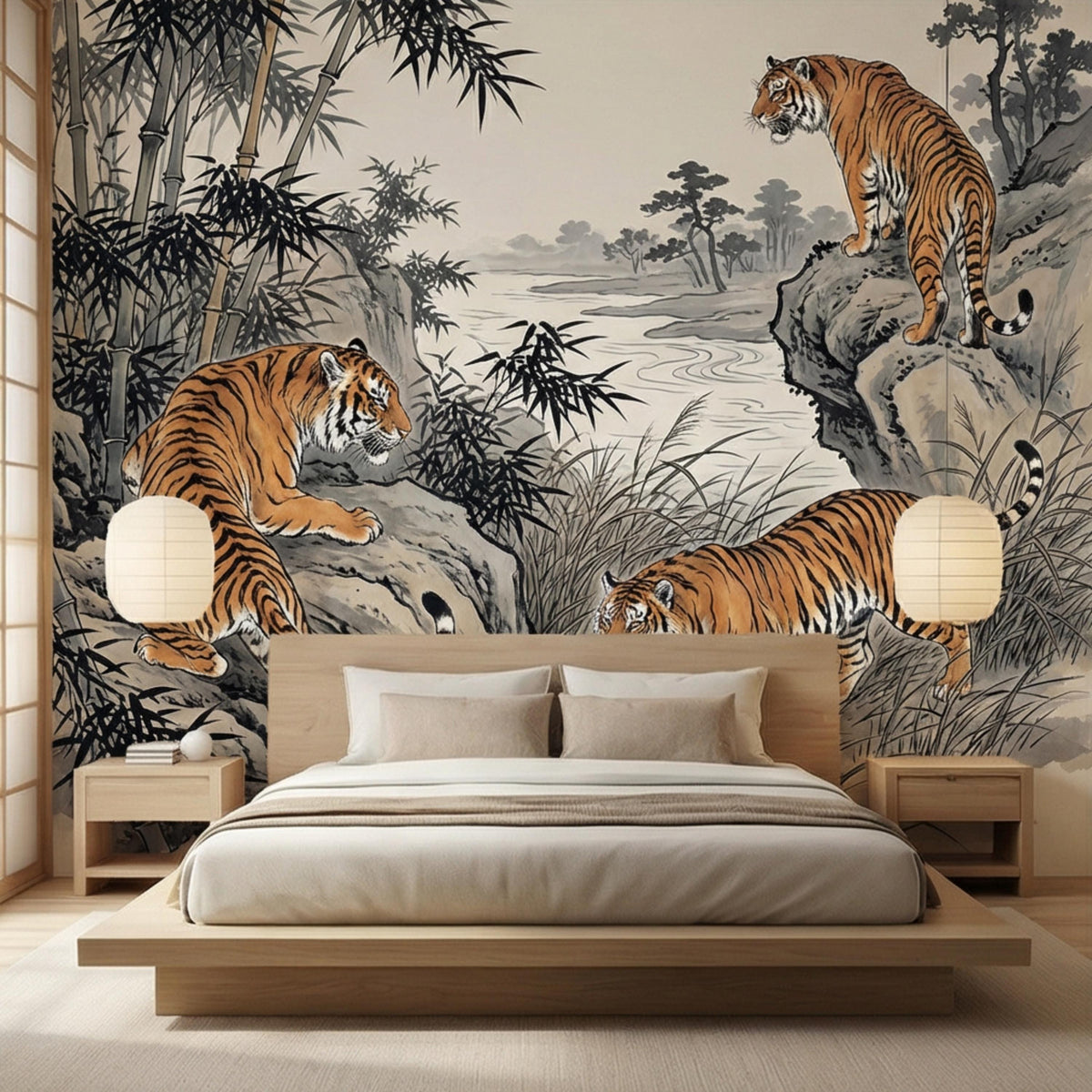 Tiger and bamboo ink-wash wall mural with two orange-striped tigers on gray rocks