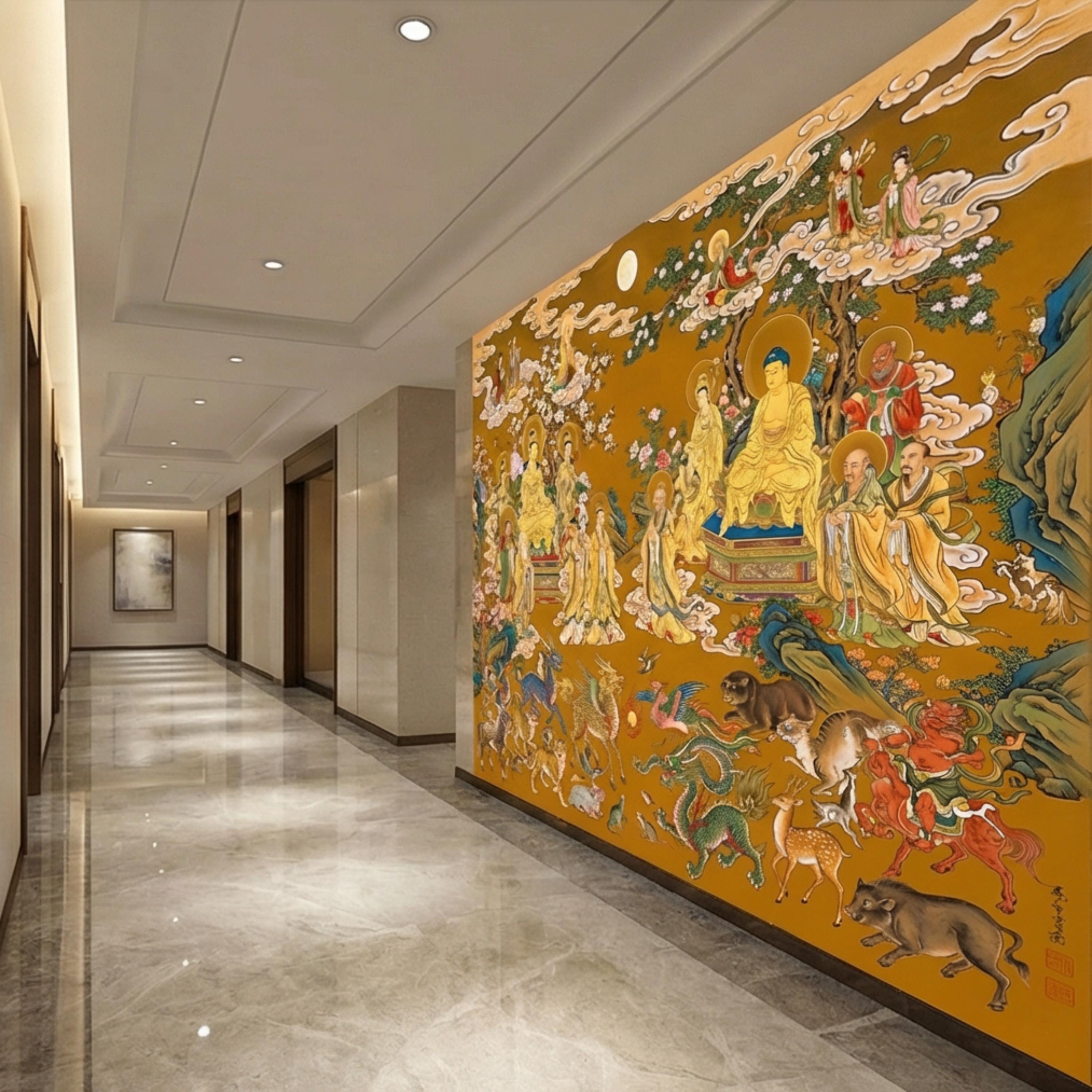 Vintage Chinese Buddhist Heaven Peel and Stick Wall Mural, Celestial Cloud Scroll Buddhas & Mythical Animals Asian Art Wallpaper