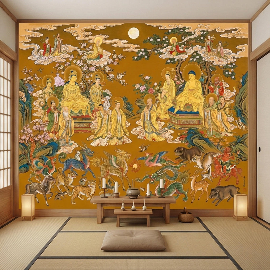Vintage Chinese Buddhist Heaven Peel and Stick Wall Mural, Celestial Cloud Scroll Buddhas & Mythical Animals Asian Art Wallpaper