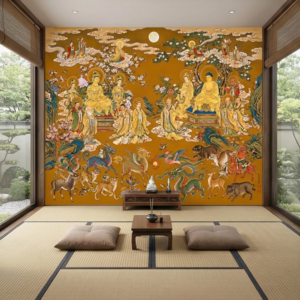 Vintage Chinese Buddhist Heaven Peel and Stick Wall Mural, Celestial Cloud Scroll Buddhas & Mythical Animals Asian Art Wallpaper