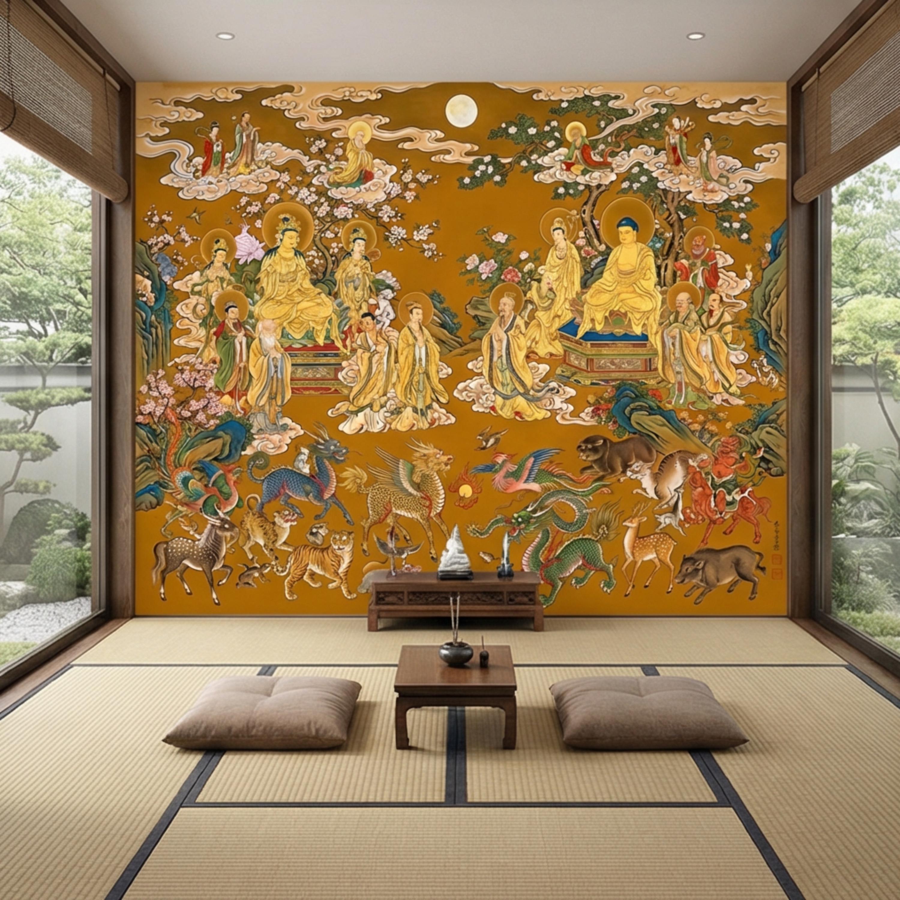 Vintage Chinese Buddhist Heaven Peel and Stick Wall Mural, Celestial Cloud Scroll Buddhas & Mythical Animals Asian Art Wallpaper