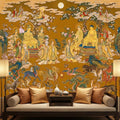 Vintage Chinese Buddhist Heaven Peel and Stick Wall Mural, Celestial Cloud Scroll Buddhas & Mythical Animals Asian Art Wallpaper