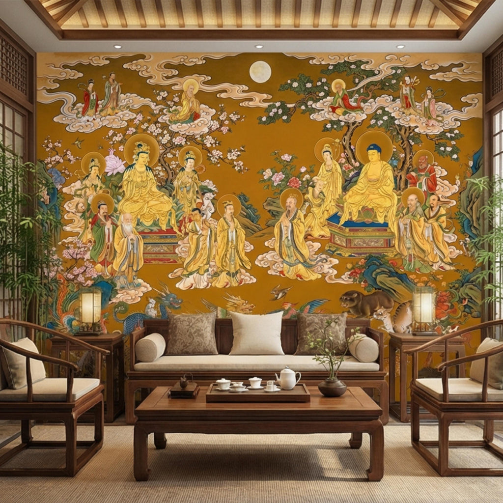 Vintage Chinese Buddhist Heaven Peel and Stick Wall Mural, Celestial Cloud Scroll Buddhas & Mythical Animals Asian Art Wallpaper