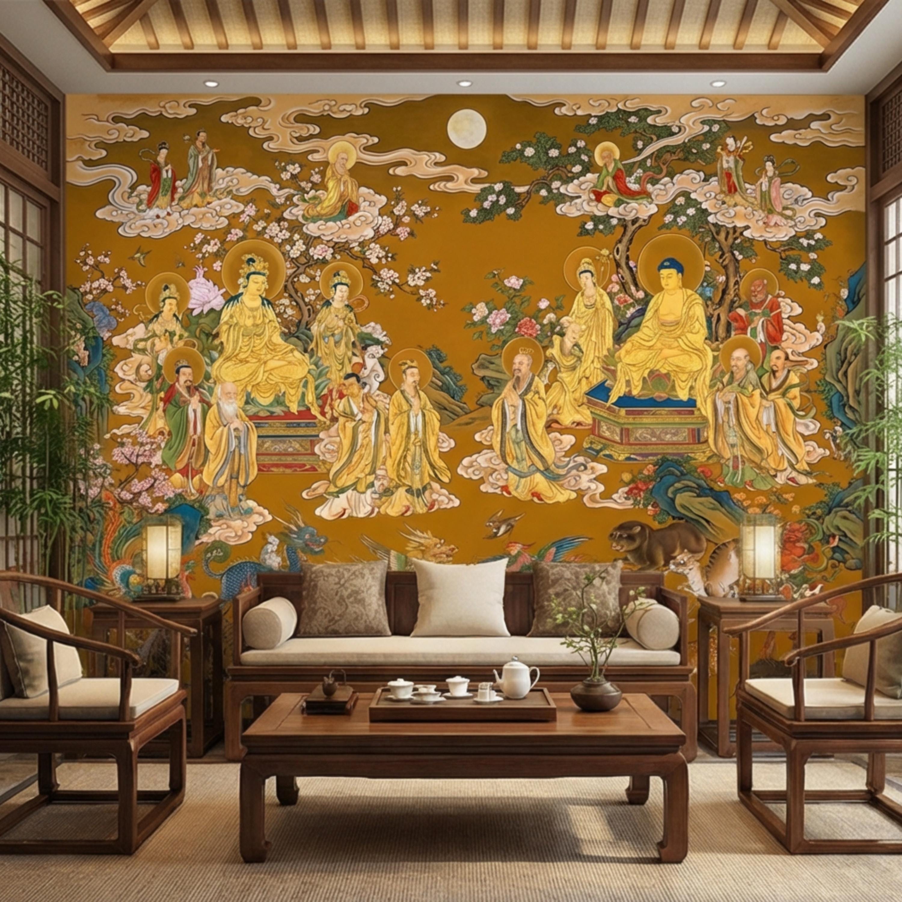 Vintage Chinese Buddhist Heaven Peel and Stick Wall Mural, Celestial Cloud Scroll Buddhas & Mythical Animals Asian Art Wallpaper