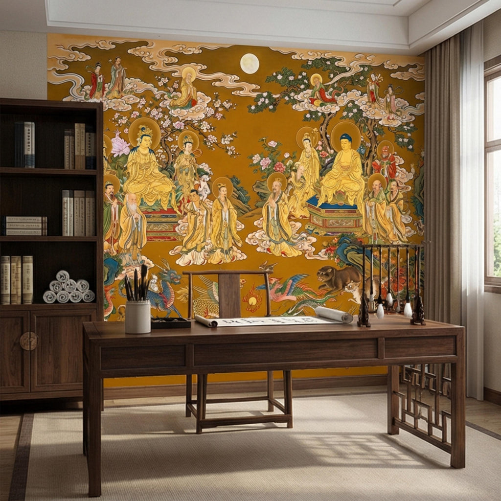 Vintage Chinese Buddhist Heaven Peel and Stick Wall Mural, Celestial Cloud Scroll Buddhas & Mythical Animals Asian Art Wallpaper