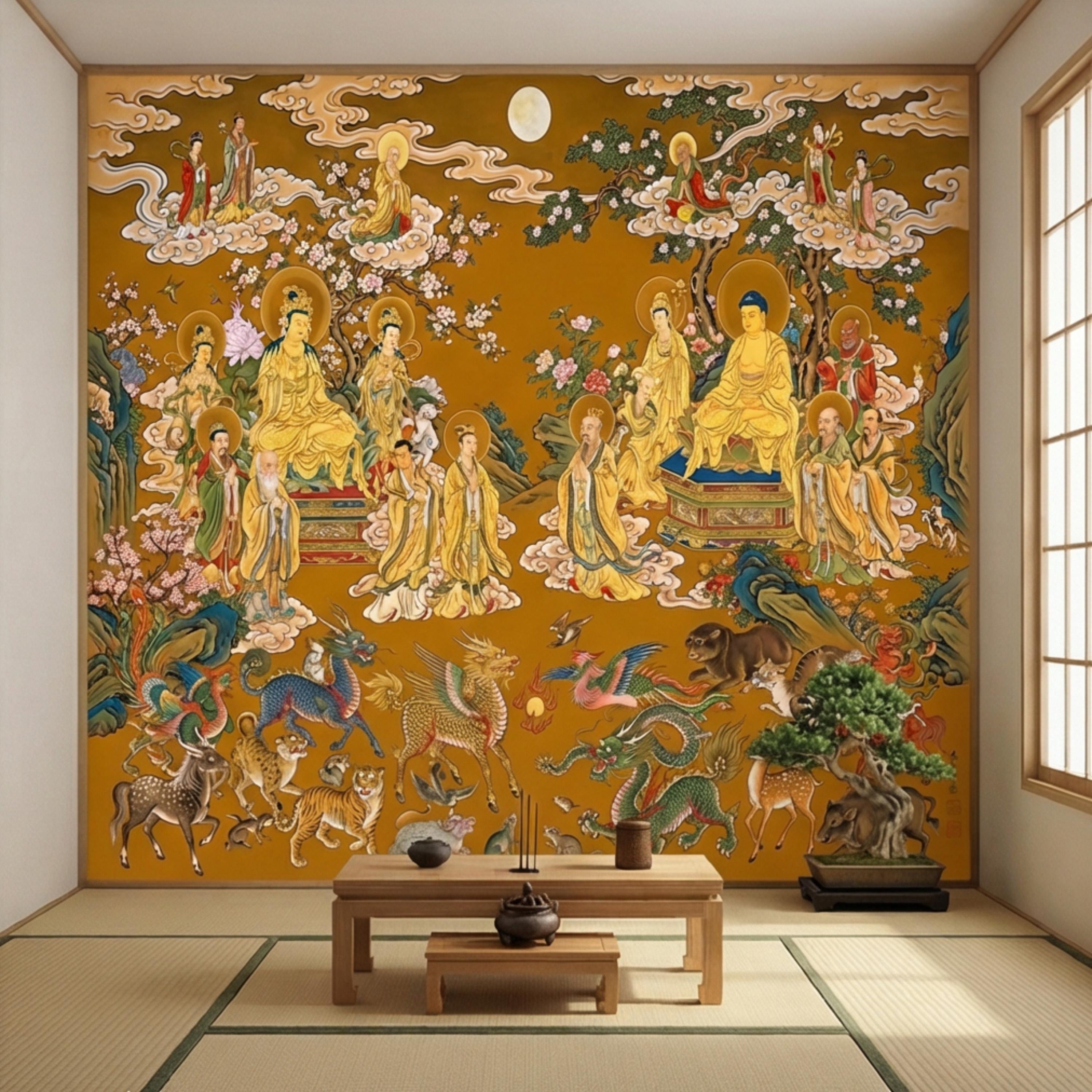 Vintage Chinese Buddhist Heaven Peel and Stick Wall Mural, Celestial Cloud Scroll Buddhas & Mythical Animals Asian Art Wallpaper