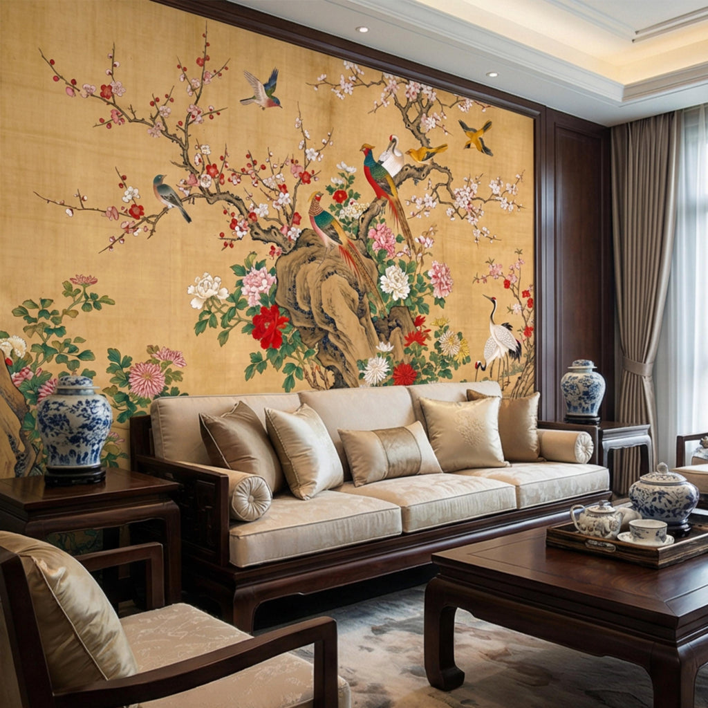 Vintage Chinoiserie Cherry Blossom Birds & Cranes Peel and Stick Wall Mural, Pheasant Peony Floral Asian Art Wallpaper