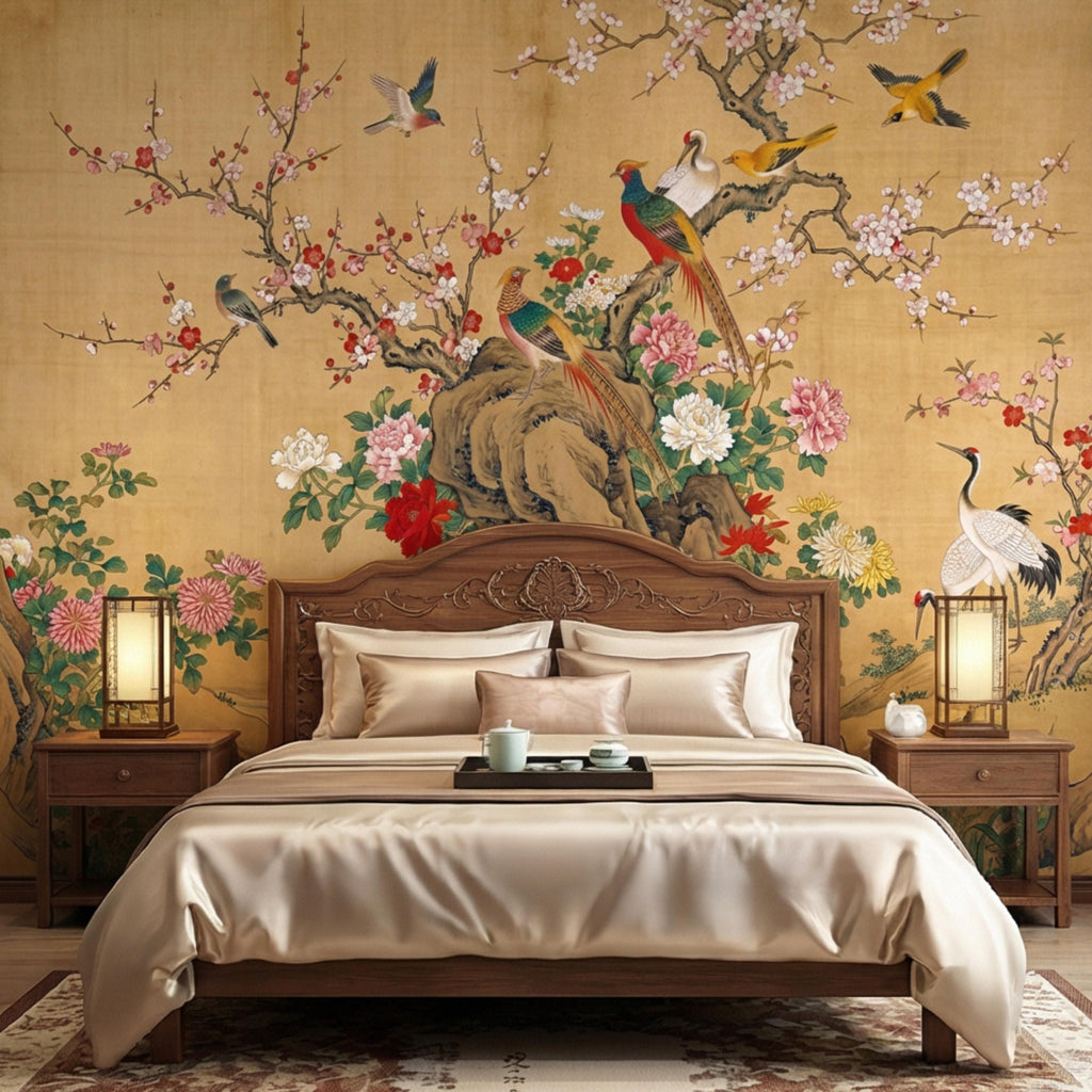 Vintage Chinoiserie Cherry Blossom Birds & Cranes Peel and Stick Wall Mural, Pheasant Peony Floral Asian Art Wallpaper