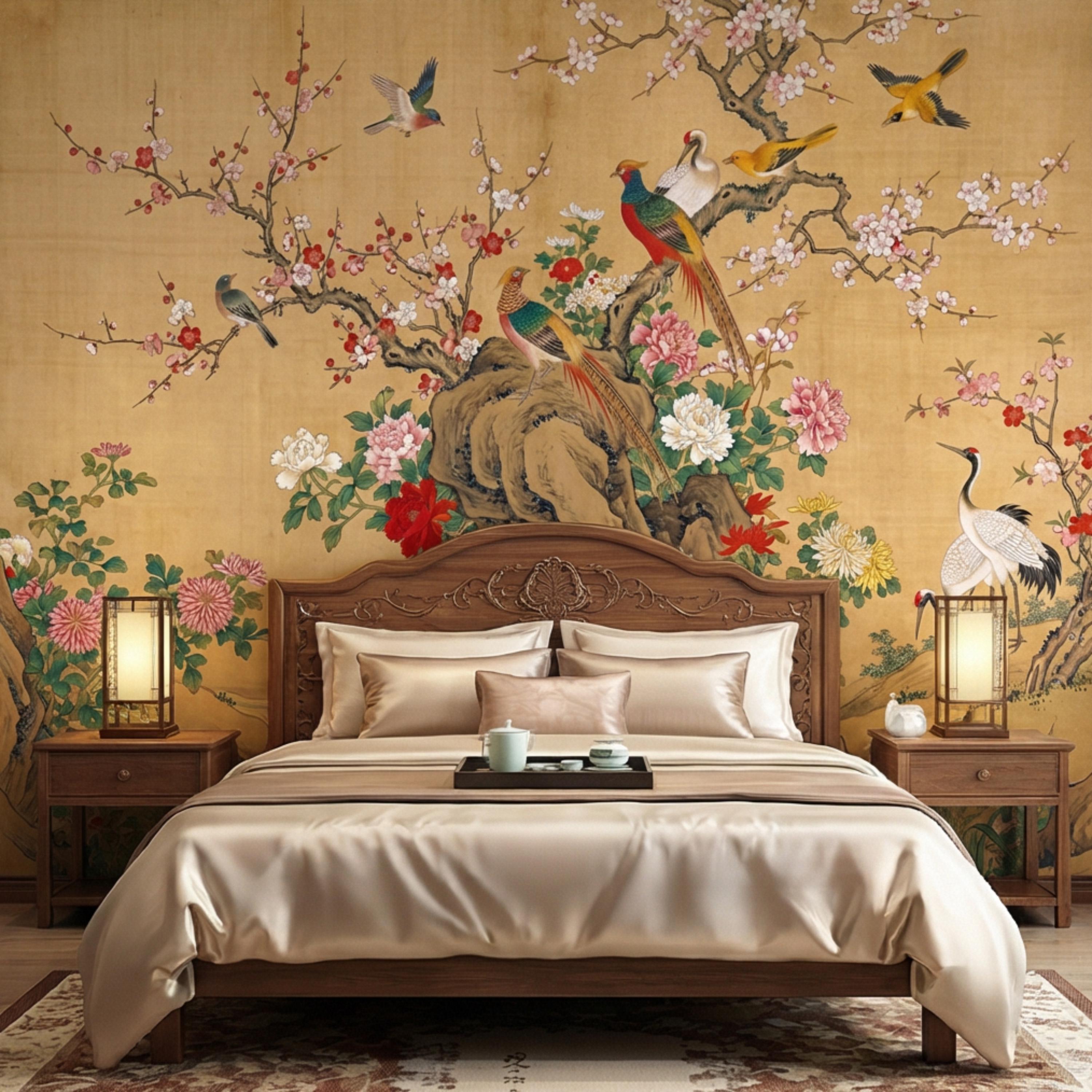 Vintage Chinoiserie Cherry Blossom Birds & Cranes Peel and Stick Wall Mural, Pheasant Peony Floral Asian Art Wallpaper