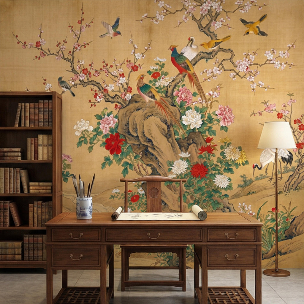 Vintage Chinoiserie Cherry Blossom Birds & Cranes Peel and Stick Wall Mural, Pheasant Peony Floral Asian Art Wallpaper