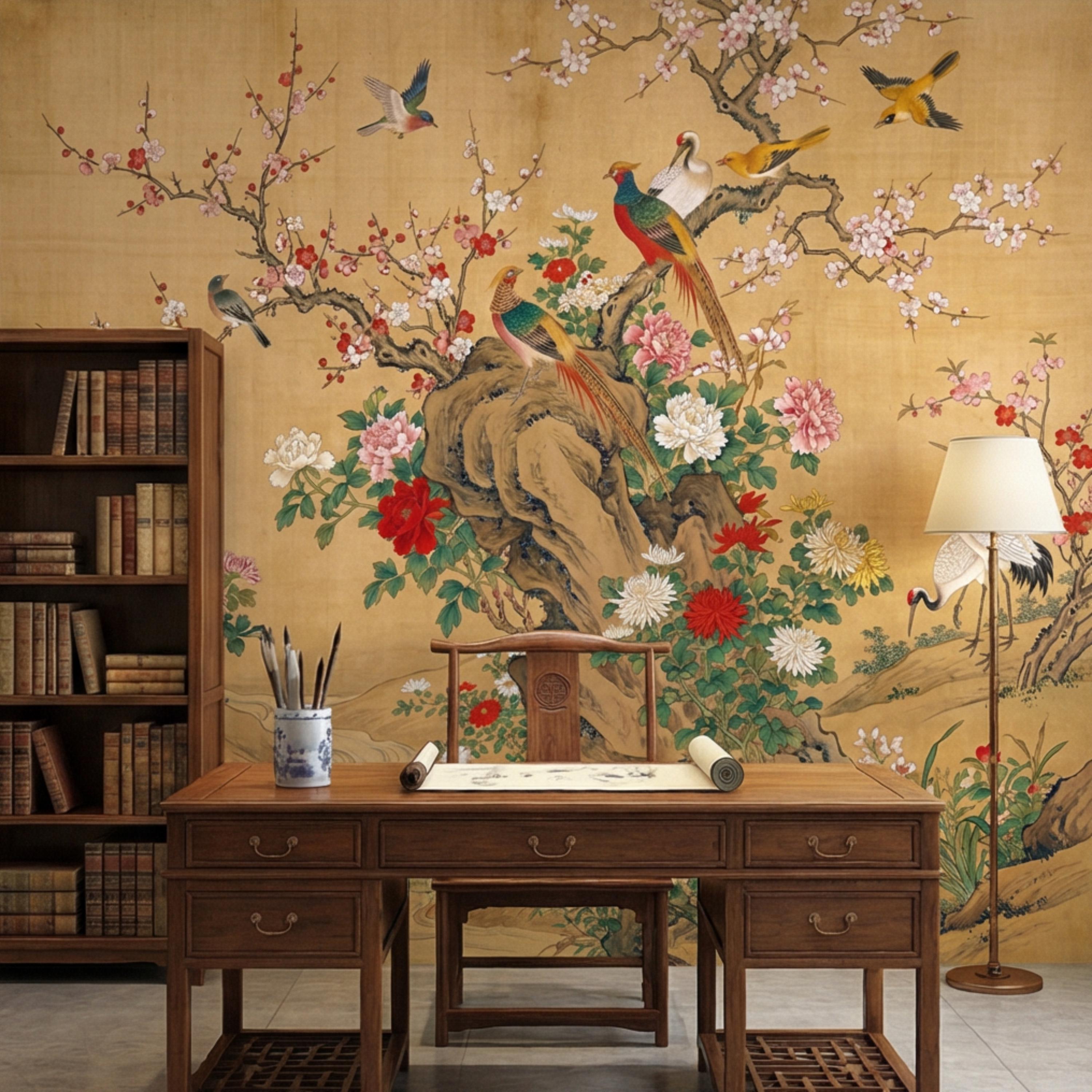 Vintage Chinoiserie Cherry Blossom Birds & Cranes Peel and Stick Wall Mural, Pheasant Peony Floral Asian Art Wallpaper