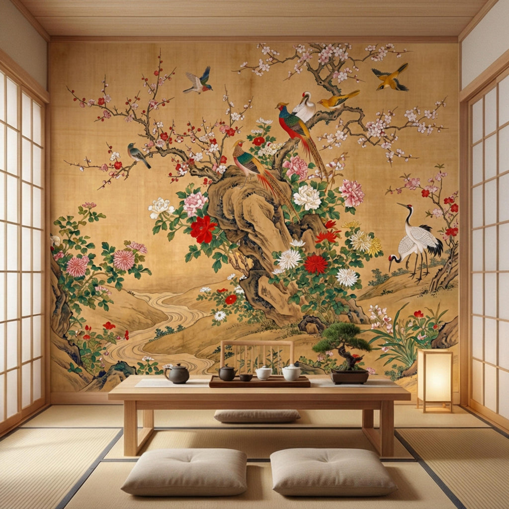 Vintage Chinoiserie Cherry Blossom Birds & Cranes Peel and Stick Wall Mural, Pheasant Peony Floral Asian Art Wallpaper