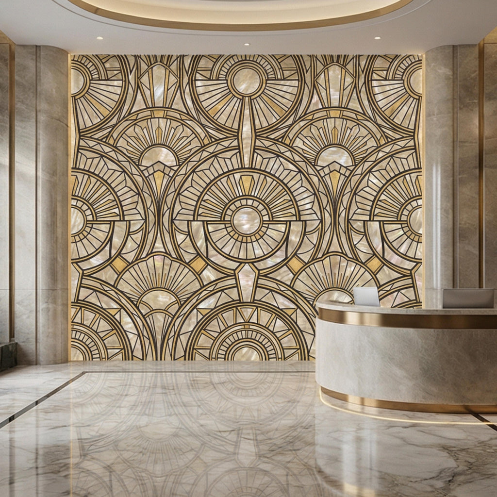 Art Deco Geometric Fan Peel and Stick Wall Mural, Pearl Pattern 1920s Gatsby Glam Neutral Wallpaper