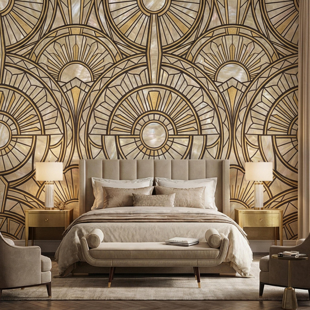 Art Deco Geometric Fan Peel and Stick Wall Mural, Pearl Pattern 1920s Gatsby Glam Neutral Wallpaper