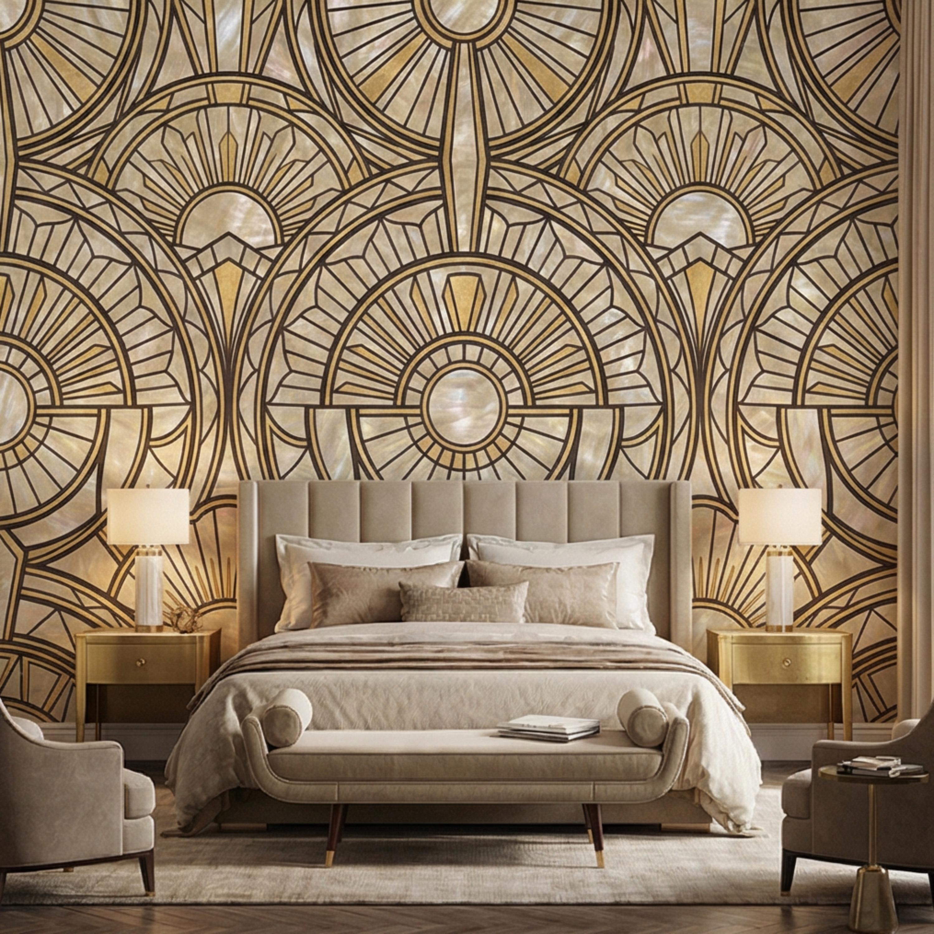 Art Deco Geometric Fan Peel and Stick Wall Mural, Pearl Pattern 1920s Gatsby Glam Neutral Wallpaper