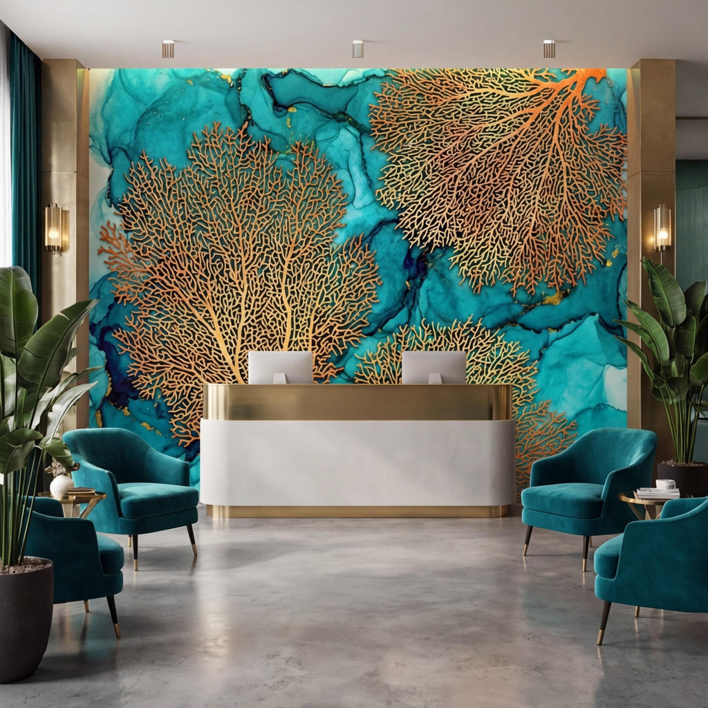Sea Fan Coral Teal Aqua Ocean Abstract Coastal Peel and Stick Wall Mural, Orange Coral Turquoise Ink Water Art Wallpaper