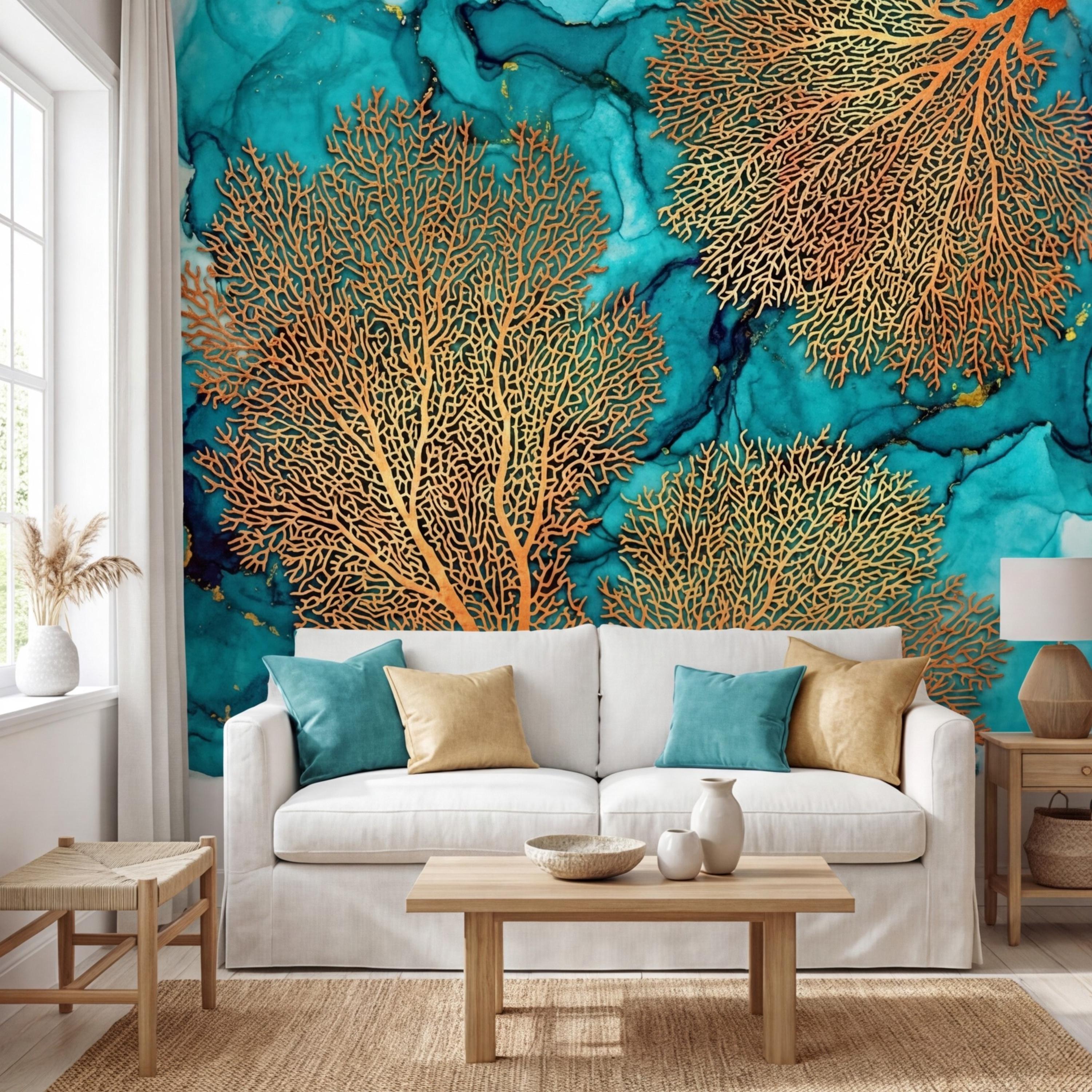 Sea Fan Coral Teal Aqua Ocean Abstract Coastal Peel and Stick Wall Mural, Orange Coral Turquoise Ink Water Art Wallpaper