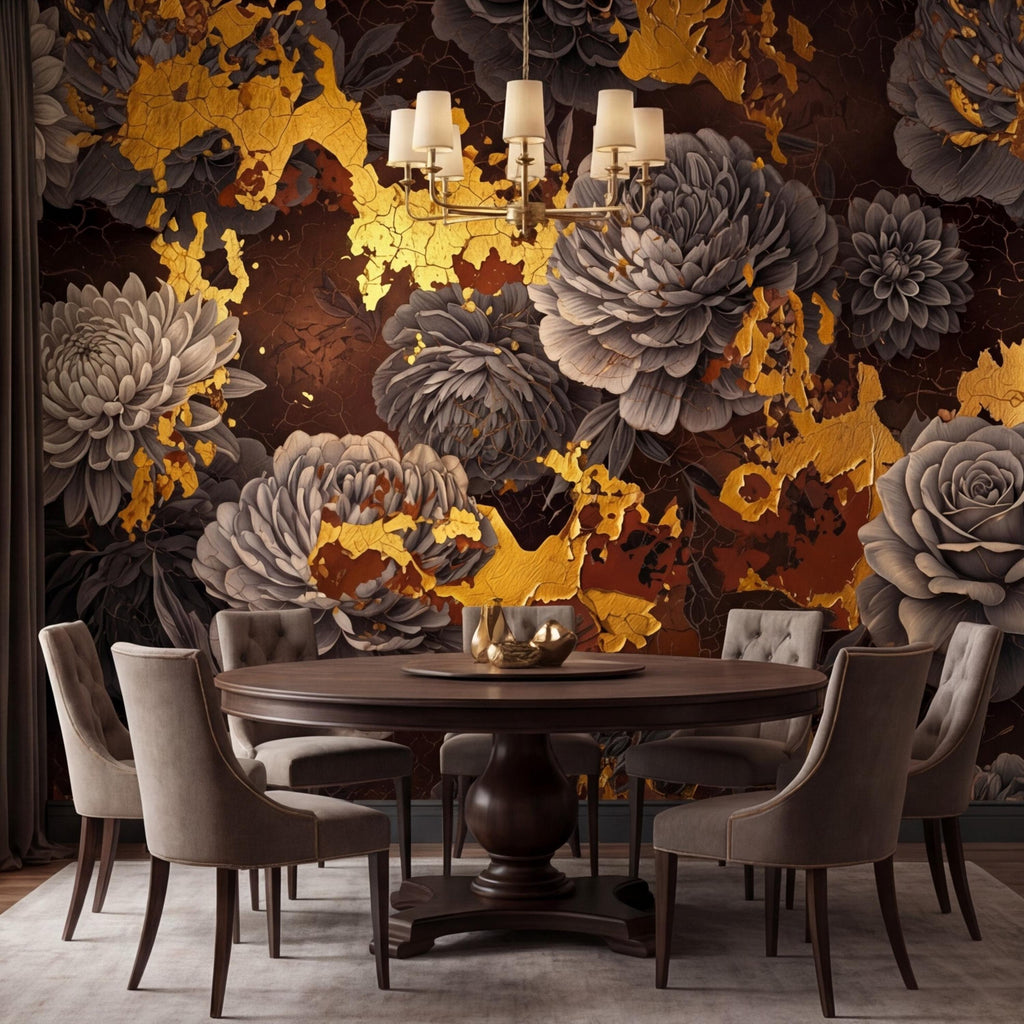 Peel and Stick Wall Mural Dark Floral Gold Accents Peony Rose, Brown Black Luxury Moody Flower Wallpaper Bedroom Living Room
