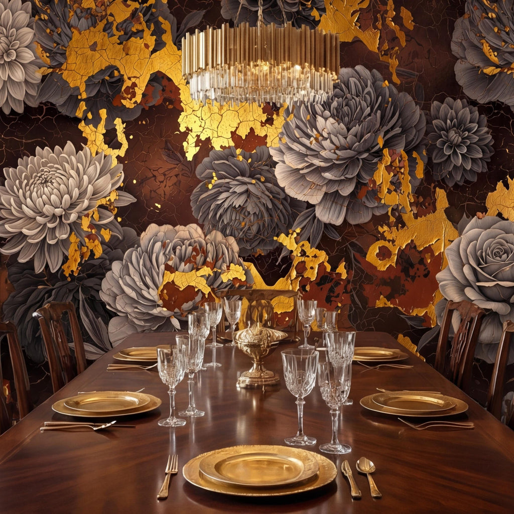 Peel and Stick Wall Mural Dark Floral Gold Accents Peony Rose, Brown Black Luxury Moody Flower Wallpaper Bedroom Living Room