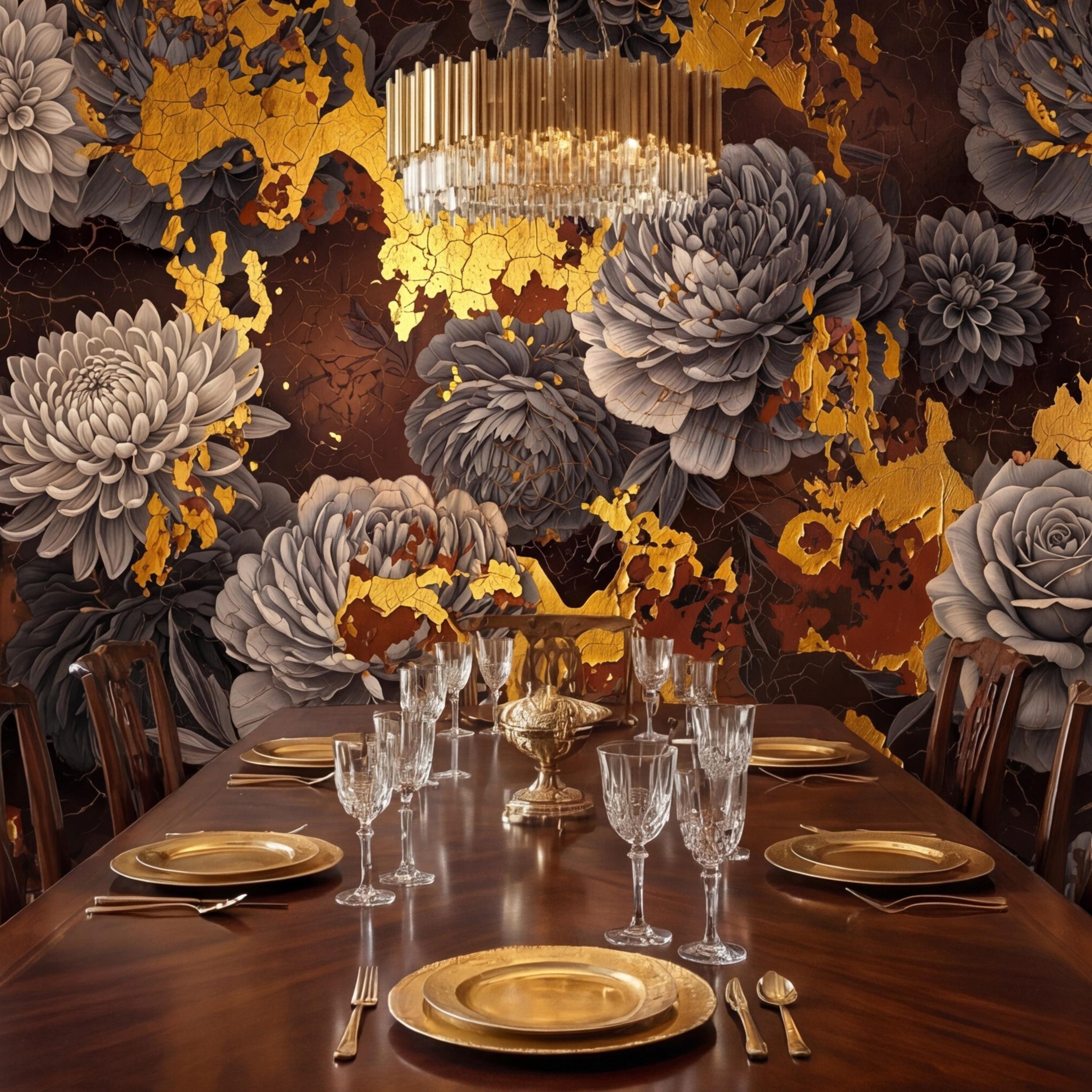 Peel and Stick Wall Mural Dark Floral Gold Accents Peony Rose, Brown Black Luxury Moody Flower Wallpaper Bedroom Living Room