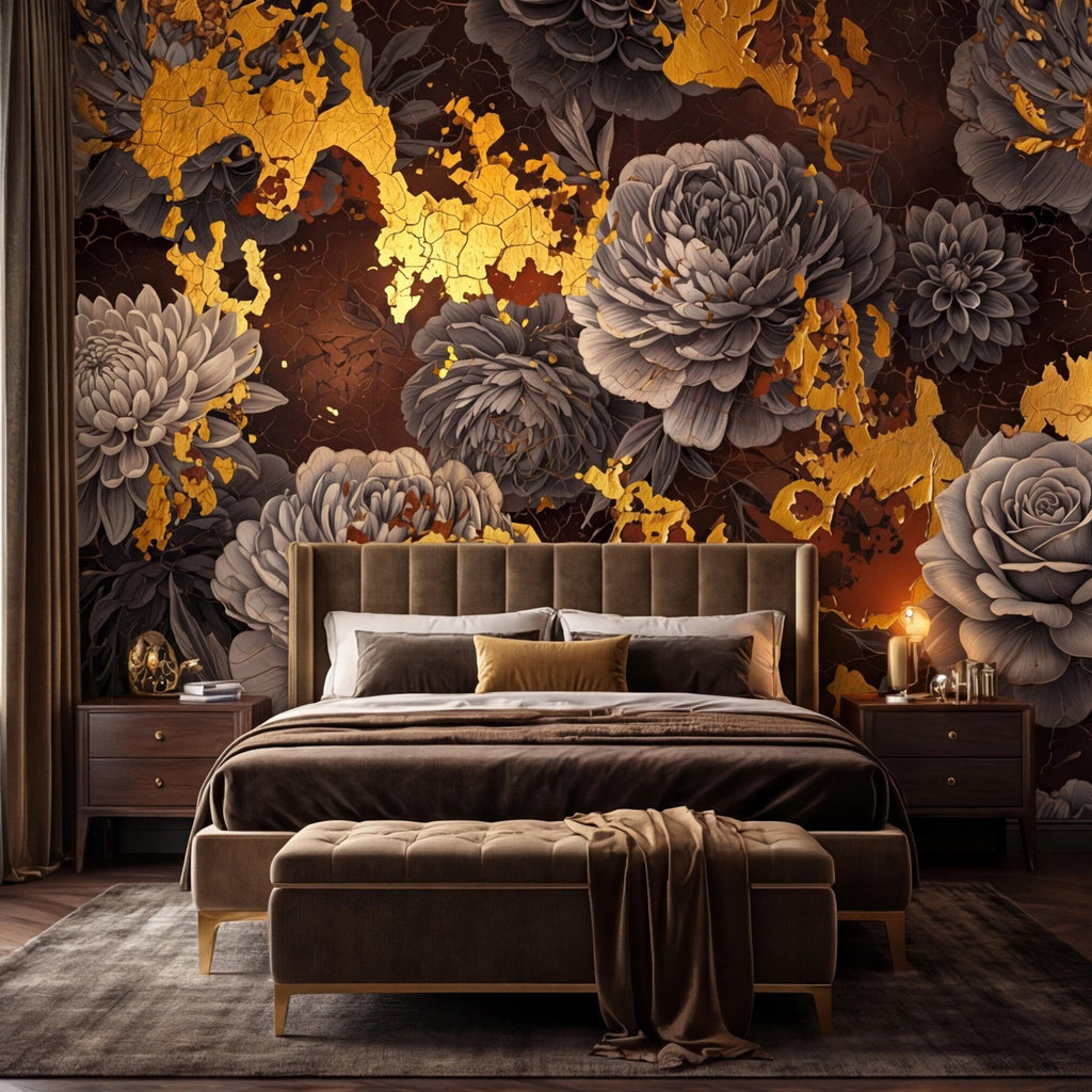 Peel and Stick Wall Mural Dark Floral Gold Accents Peony Rose, Brown Black Luxury Moody Flower Wallpaper Bedroom Living Room