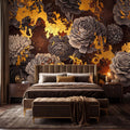 Peel and Stick Wall Mural Dark Floral Gold Accents Peony Rose, Brown Black Luxury Moody Flower Wallpaper Bedroom Living Room