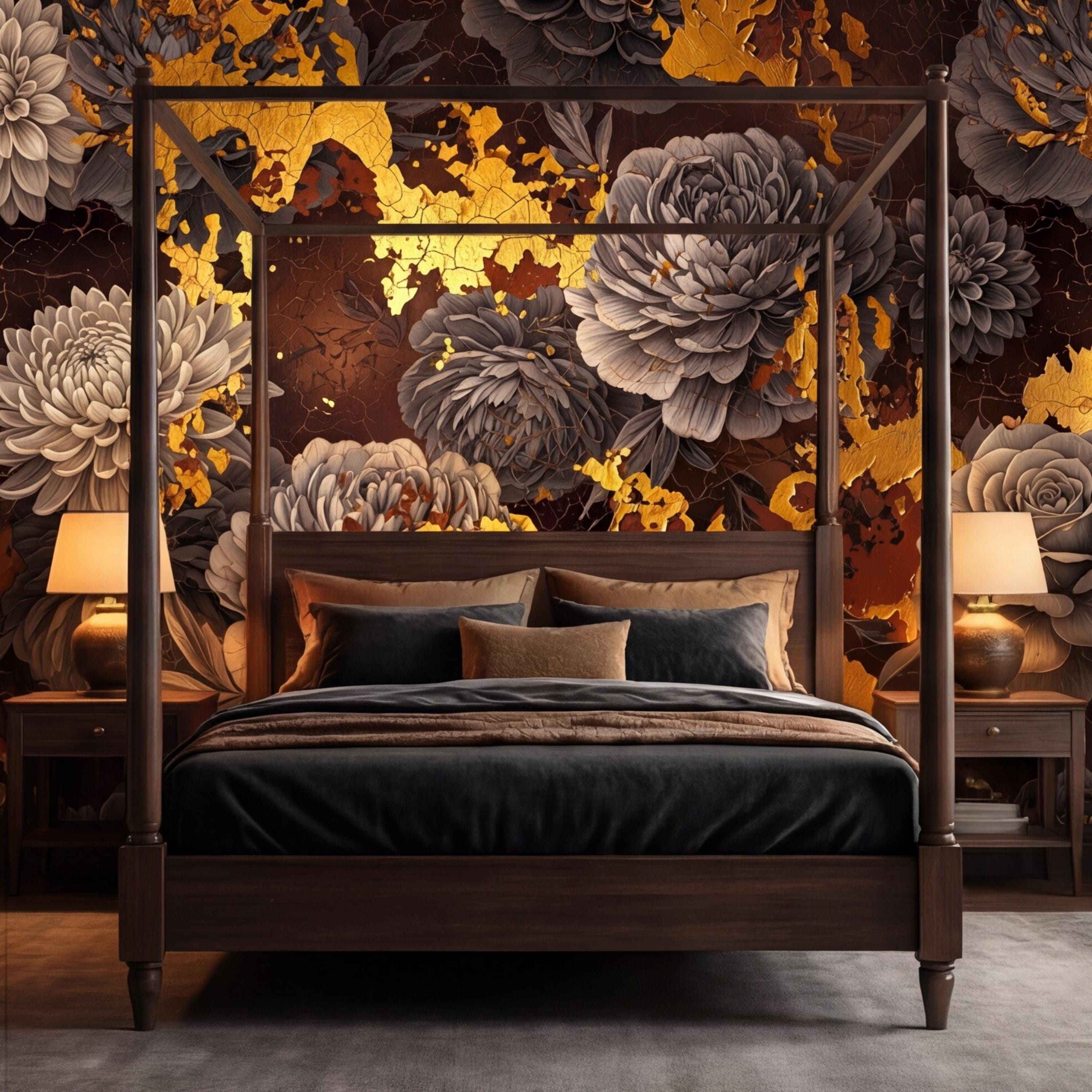 Peel and Stick Wall Mural Dark Floral Gold Accents Peony Rose, Brown Black Luxury Moody Flower Wallpaper Bedroom Living Room