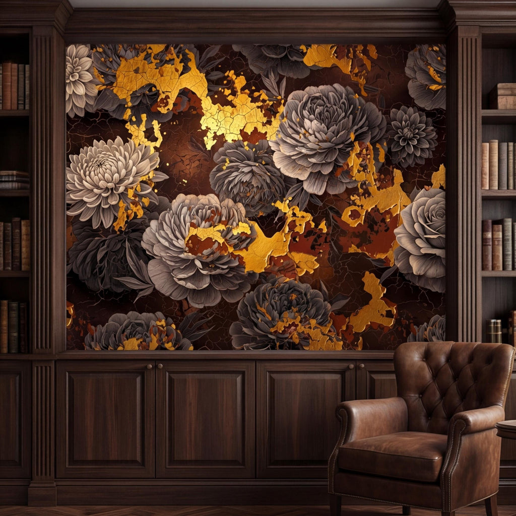 Peel and Stick Wall Mural Dark Floral Gold Accents Peony Rose, Brown Black Luxury Moody Flower Wallpaper Bedroom Living Room